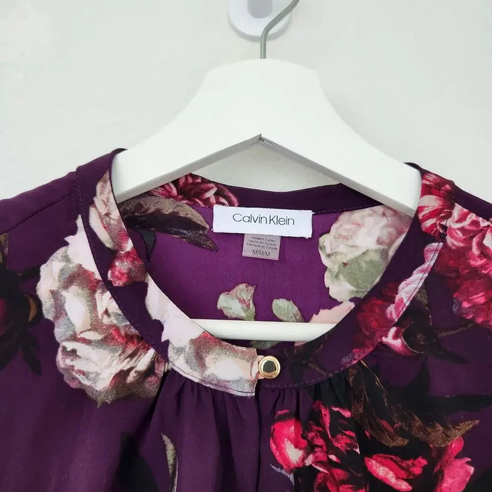 Calvin Klein Purple Rose Floral Sleeveless Keyhole Shell Career Blouse Top M